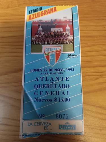 Boleto Partido Fútbol Atlante Querétaro 1993