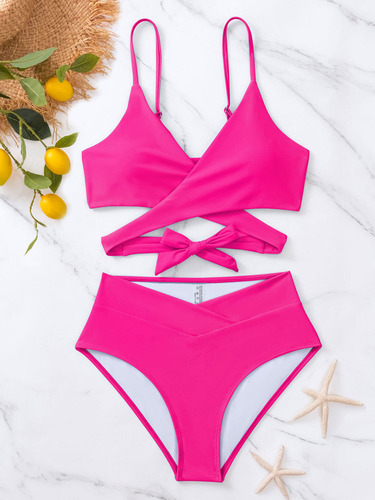 Trajes Bikini Sexy Mujer 2 Piezas Color Sólido Verano Playa Rosa L