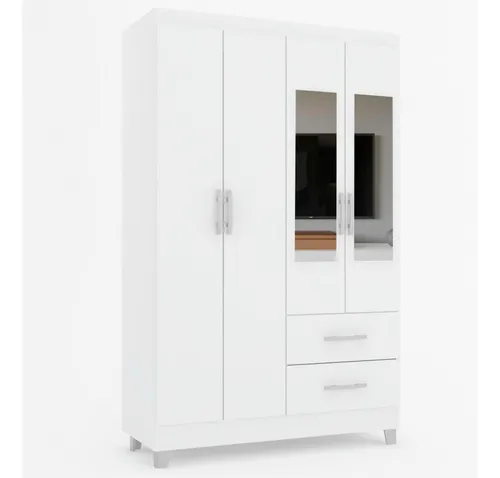 guarda roupa solteiro galápagos 4 portas 2 gavetas com espelho branco