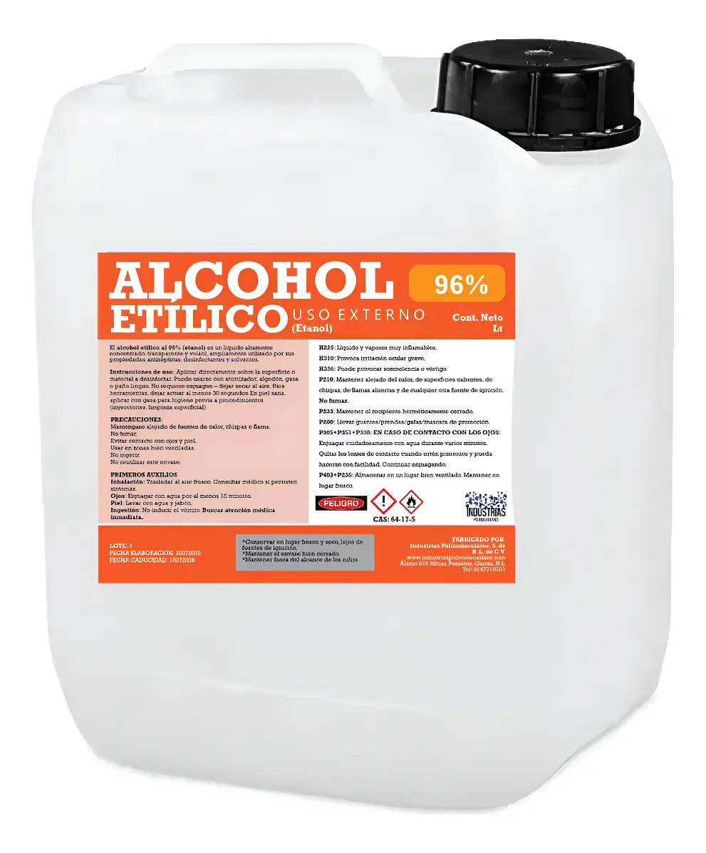 Alcohol Etílico 96% Sin Desnaturalizar de 5 Litros para Laboratorio y Limpieza Técnica