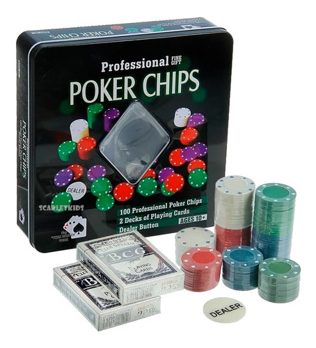 Poker Chips Profesional Fichas 100 + 2 Mazos + Dealer Lata