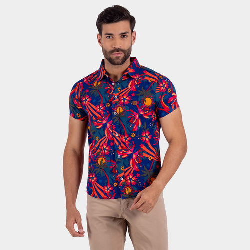 Camisa Masculina Floral Listrada Estampada De Viscose