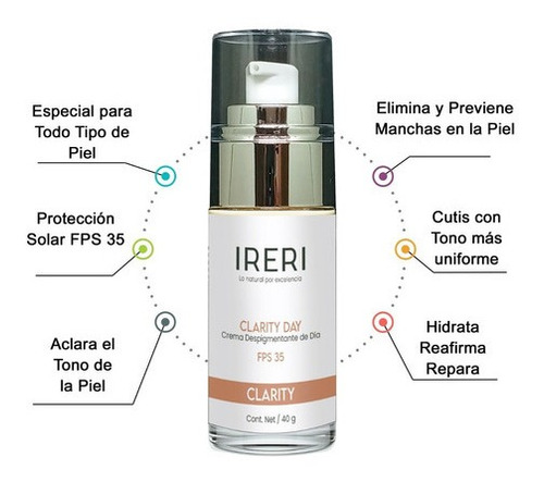 Imagen 2 de 9 de Crema Facial Aclarante Despigmentante Antimanchas De Día Fps 35 Para Todo Tipo De Piel Con Manchas Decolorada Línea Clarity Ireri ®