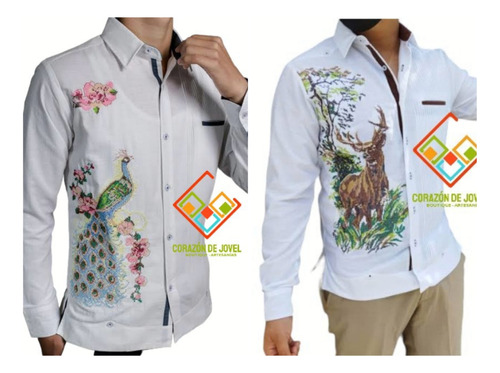 Guayabera Blanca De Lino Bordado Venado O Pavorreal Talla-40