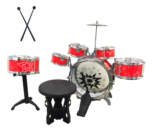 Mini Bateria Infantil Vermelho Banquinho 5 Tambores Bw242vm