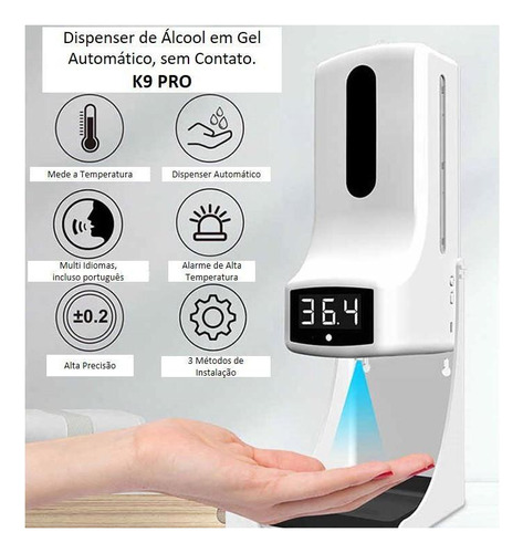 Dispenser Aut. K9 Pro Álcool Gel Medidor De Temperatura