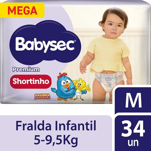 Fralda Babysec Premium Galinha Pintadinha Mega M 34 Unids Tamanho M 5-9, 5Kg