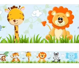 3 Faixas Decorativa Adesivo Infantil Bebê Safari Fundo Azul 