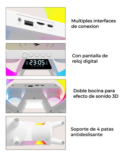 Bocina Doble Rgb Con Cargador Inalambrico Y Reloj