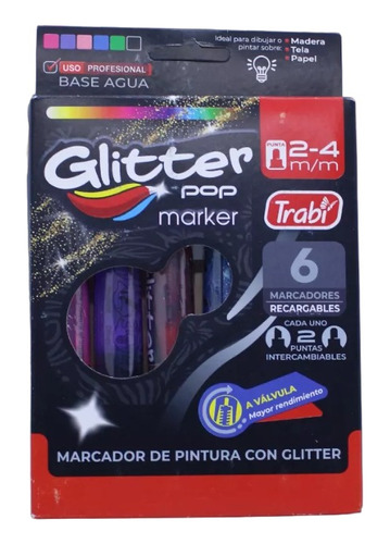 Marcador Acrylic Pop Glitter Trabi Tinta Acrilica X 6 Col