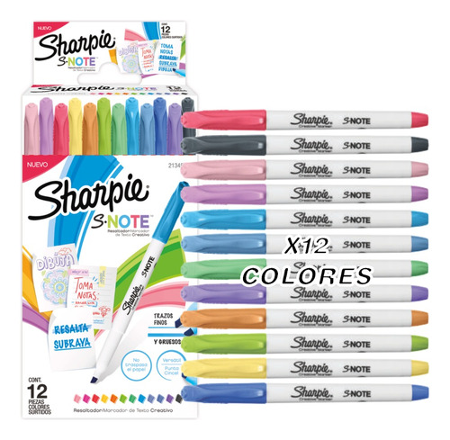 Marcadores De Texto Sharpie Note Biselado Al Agua X12