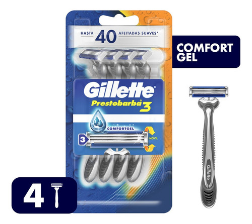 Máquinas Desechables Gillette Prestobarba3 Gel 4 Unidades