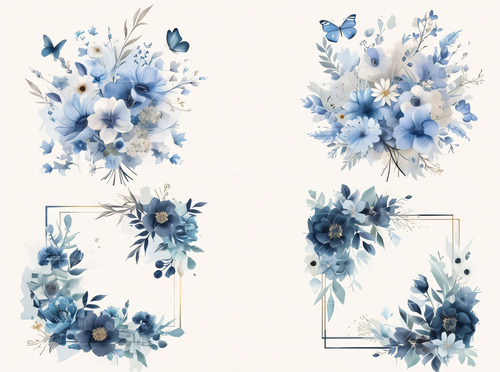 Kit Imagenes Png Clipart Flores Azules Y Marcos Acuarela