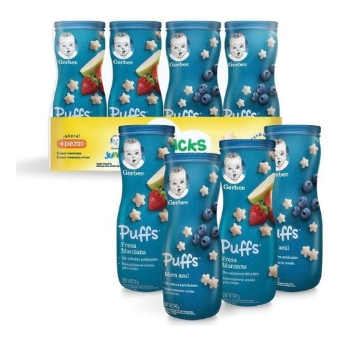 Snack Puffs Gerber 4pzas De 42g Mora Azul Y Manzana Fresa