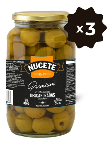 Imagen 1 de 3 de Combo Aceitunas Verdes Descarozadas Nucete Frasco 660 Gr X 3