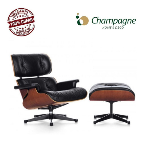 Poltrona Charles Eames - 100% Cuero - Con Apoya Pie - Negro