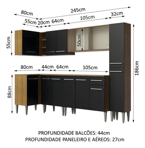 Cozinha Completa D Canto Emilly Space Madesa C Paneleiro Cor Rustic/Preto