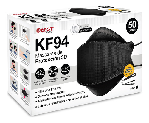 50 Cubrebocas Best Trading KF94 Certificado, Tapabocas con 4 Capas de Protección contra Partículas, Ajustador Nasal Oculto, Color Negro