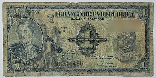 Billete 1 Peso 20/jul/1946 8 Digitos Colombia Vg-f 