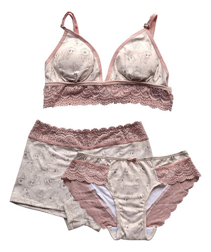 Set 3 Piezas Bralette Pantaleta Y Bóxer Cachetero Mujer Ropa