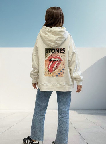 Buzo Over Frisa Mujer Nylon Canguro Capucha Rolling Stones