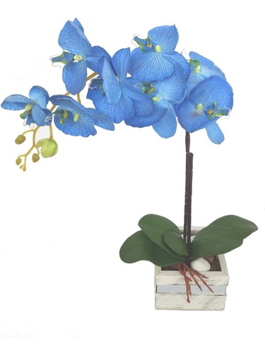 Orquídea Azul Arranjo Flor Artificial Com Vaso Em Madeira