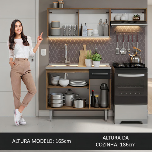 Armário Cozinha Compacta 165cm Com Pia Emilly Madesa 05 Rp Cor Rustic/Preto