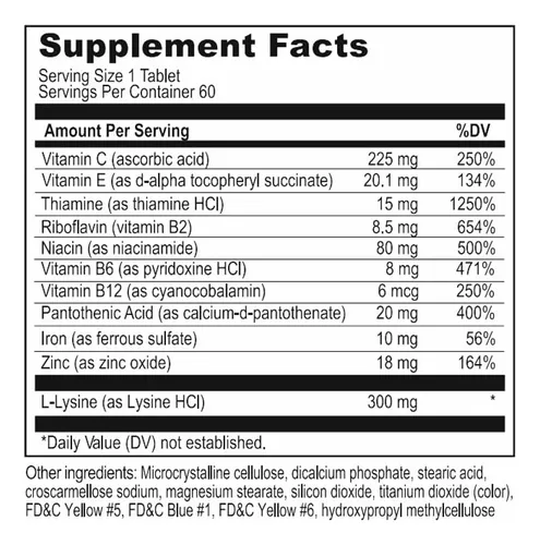 Vitamina C E B1 B2 B3 B5 B6 B12 Zinc Hierro Y L-lisina Estim