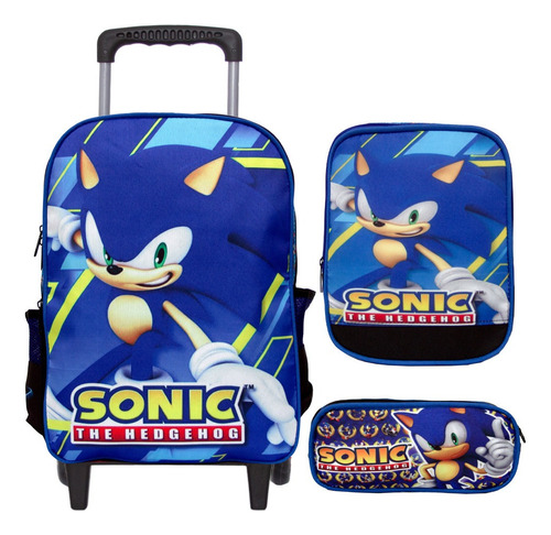 Mochila Infantil Rodinha + Lancheira E Estojo - Sonic Dash