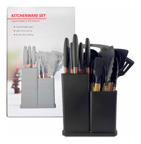 Kit Utensílios De Cozinha Com 19 Peças Silicone Preto