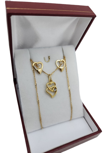 Dije Dos Corazones Union De Amor + Collar Y Aros Enchap Oro