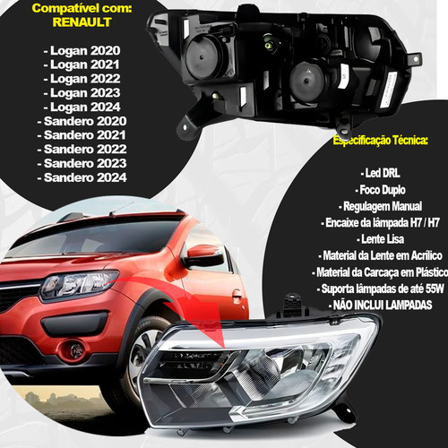 Farol Esquerdo Sandero Logan 2020 2021 2022 2023 2024 Led
