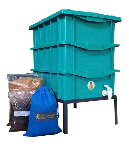 Kit Composteira Doméstica 15lts Verde C/ Minhocas E Suporte