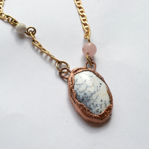Collar De Piedras Agata, Cuarzo Rosa Y Coral Blanco, Cod1