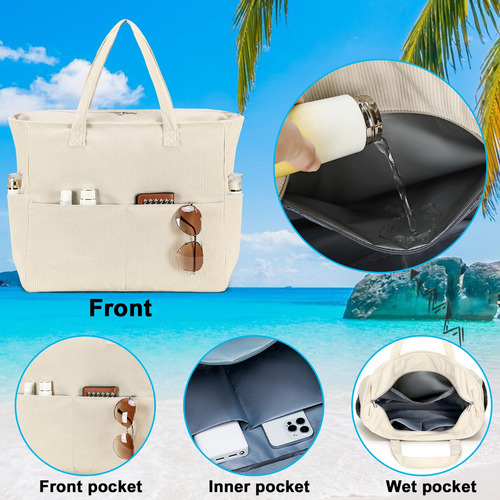 Bolsa De Playa Multiusos Comoda Con Diseño Beige Corduroy