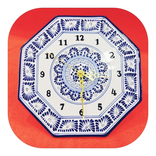 Imagen 1 de 1 de Reloj  De Talavera Poblana Octagonal Fino Azul Y Blanco 