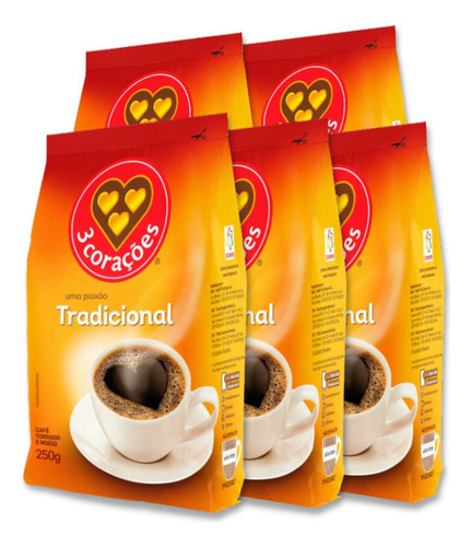 Café Três Corações Tradicional Moído Kit 5 Pacotes 250g