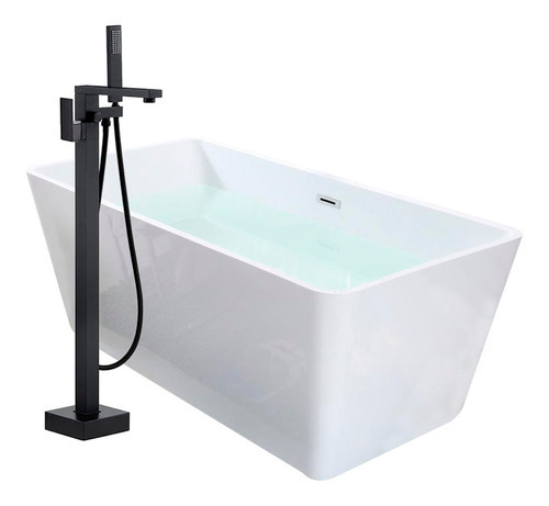 Solana Kit Tina De Baño Blanca Rectangular De Acrílico Slim 150x80x60 Cm + Grifo Independiente Monomando Negro / Kit de Lujo Completo Blanco/Negro para Cuarto de Baño