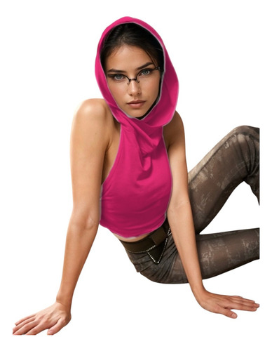 Blusa Crop Top Recta Con Capucha Sin Mangas Mujer