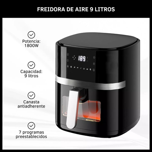 Freidora De Aire Eléctrica Sin Aceite Antiadherente 9 Litros Panel Digital Táctil Ventana Transparente