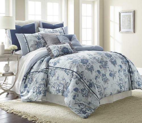 Juego De Edredon King Size Estampado Floral 8pzs Azul Claro