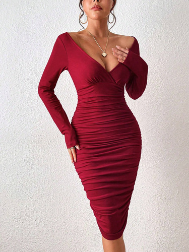 Vestido Shein Elegante Ajustado Fruncido Mujer Importado