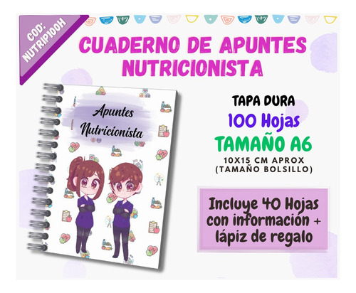 Cuaderno/ Agenda/ Apuntes/ Nutricionista/ A6 (bolsillo)100h