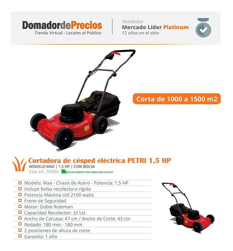 Imagen 5 de 7 de Cortadora De Cesped Petri 1.5 Hp Con Bolsa Recolectora