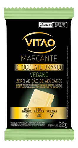Chocolate Branco Vegano Zero Adição Açúcares 12 Unidades 22g