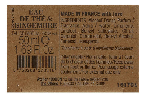 Fragancia 100bon Eau De The & Gingembre, Té Y Jengibre, 1 Li