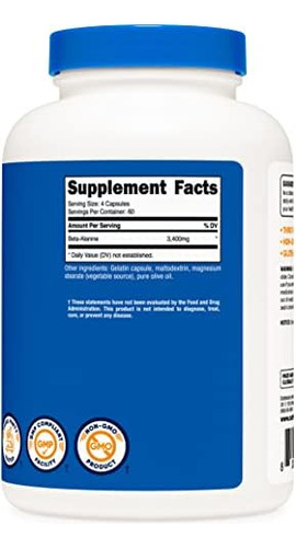 Cápsulas Nutricost Beta-alanina 3400mg, 240 Cápsulas (60 Se