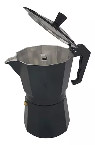 Cafetera italiana negra, 9 tazas, aluminio negro, 450 ml, color café negro