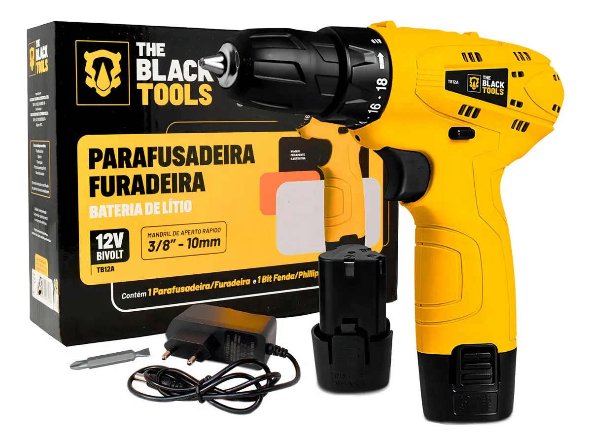 Parafusadeira Furadeira Sem Fio De 10mm 3/8 Tb-12a 1 Bateria Lítio 12v The Black Tools cor Amarelo