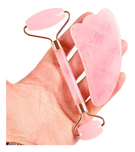 Rodillo Facial Y Gua Sha Cuarzo Rosa Jade Suaviza Rejuvenece